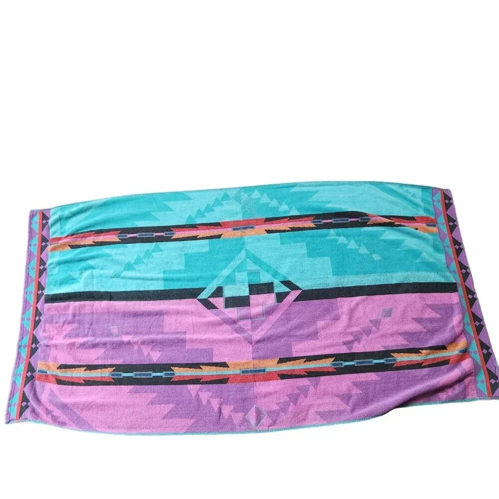 Vintage 80’s Royal Terry Beach Bath Towel Southwest Tribal Turquoise Teal